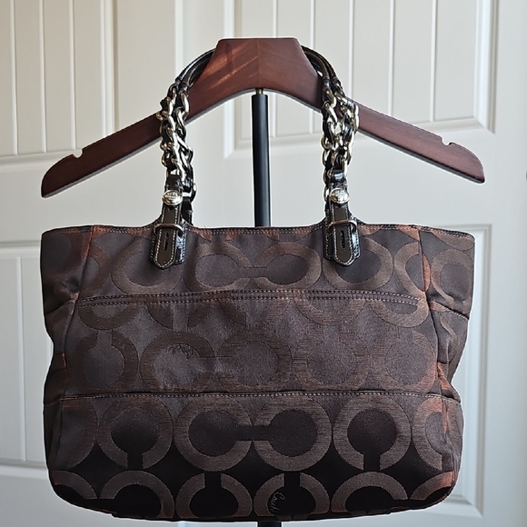 Coach Madison Tribeca Op Art Signature Brown Tote Bag Silver Chain Strap EUC - Picture 8 of 15